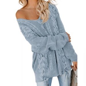 Cable Knit Sweater Boutique Longline V Neck Chunky Double Laced Front Blue Med